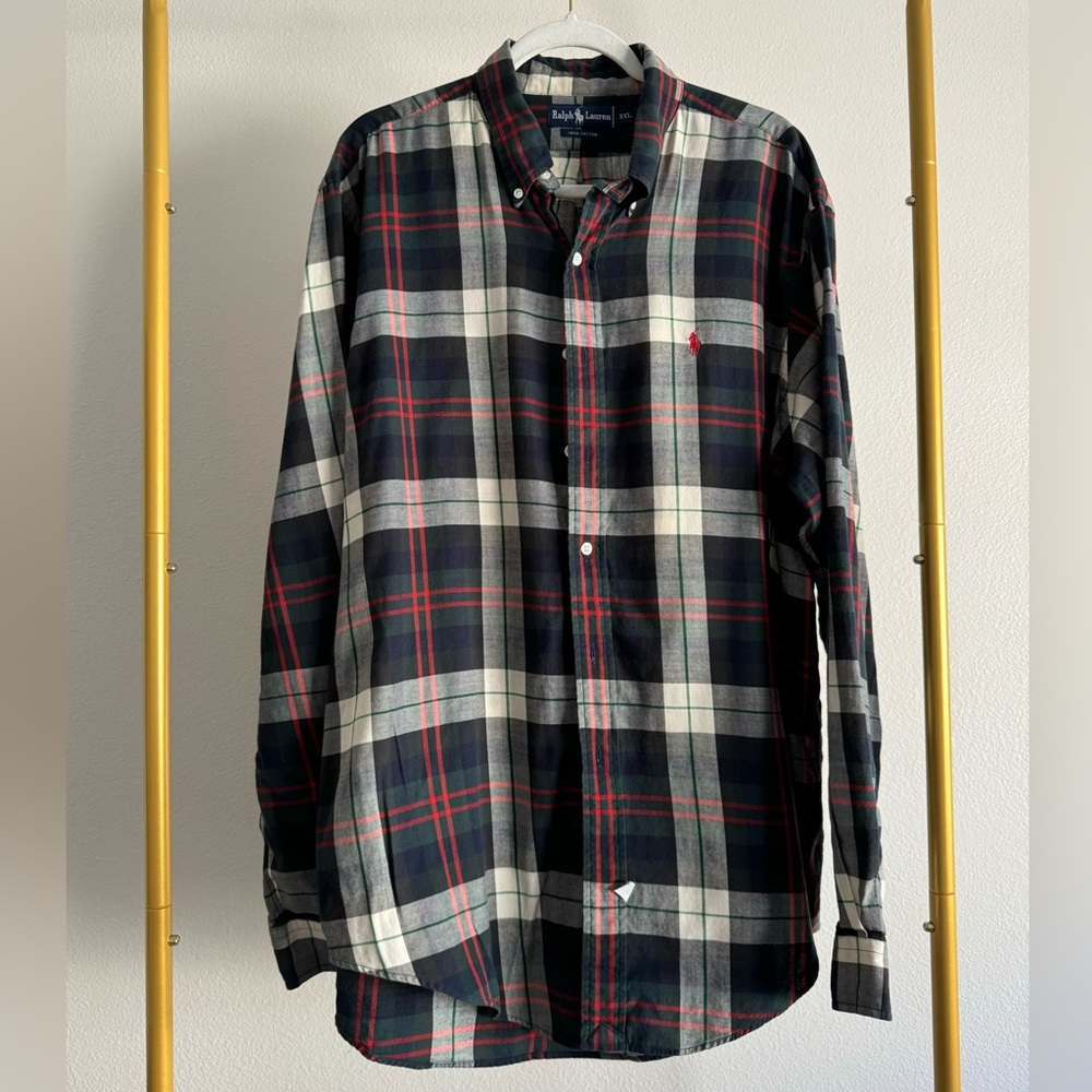 Ralph Lauren Mens Sz XXL Button Front Shirt Plaid green blue red holiday